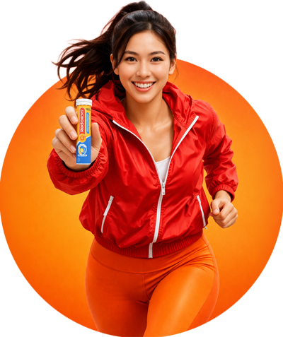 seorang peremuan dengan jaket merah memegang produk redoxon